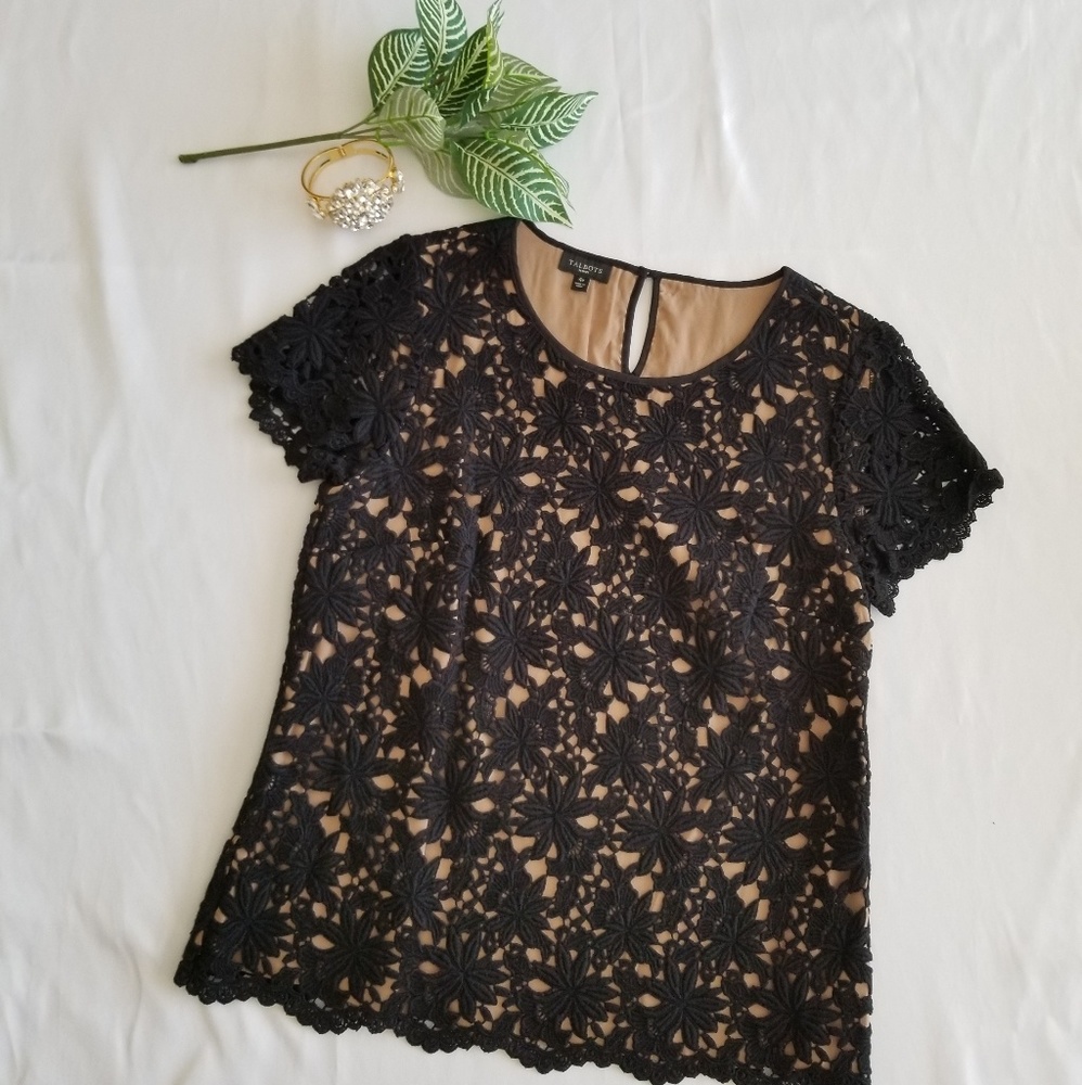 Short sleeve black and champagne lace top